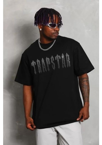 Unisex Oversize Taşlı Bisiklet Yaka T-Shirt - Siyah indirimleri