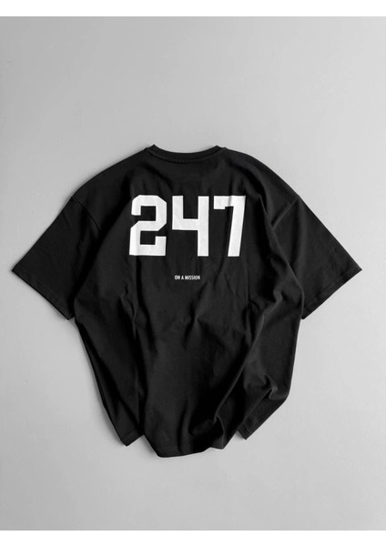 Baskılı Oversize Bisiklet Yaka T-Shirt - Siyah