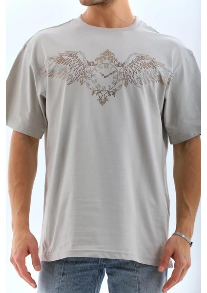 Unisex Oversize Taşlı Bisiklet Yaka T-Shirt - Gri fiyatları