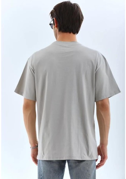 Unisex Oversize Taşlı Bisiklet Yaka T-Shirt - Gri fırsatları
