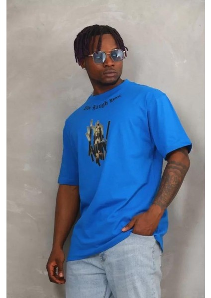 Unisex Oversize Baskılı Bisiklet Yaka T-Shirt - Mavi fırsatları