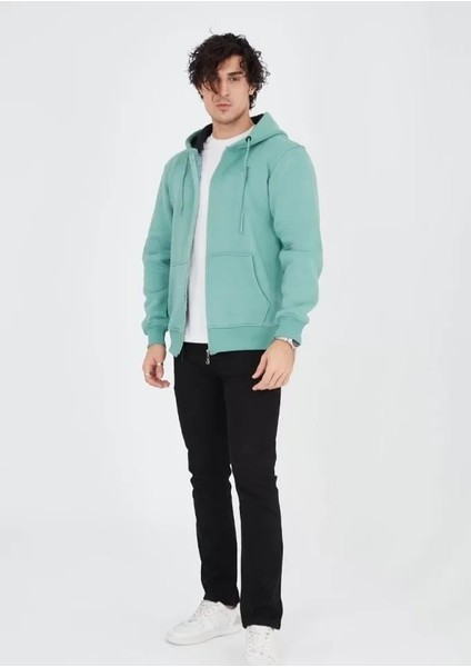 Unisex Tam Fermuarlı Kapşonlu Sweatshirt - Mint Yeşili fiyatları