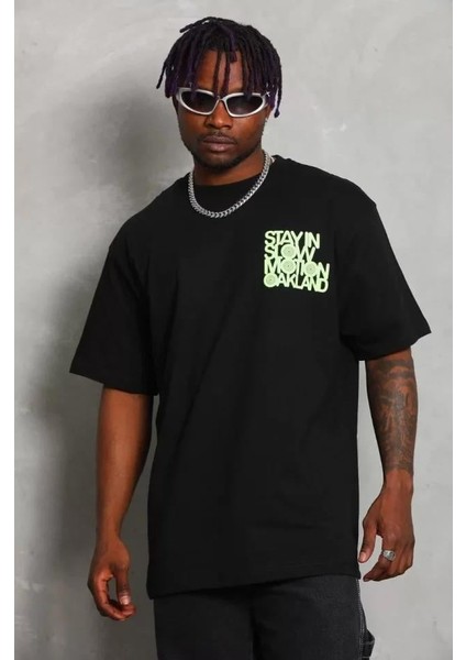 Unisex Oversize Baskılı Bisiklet Yaka T-Shirt - Siyah fırsatları