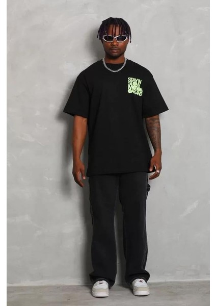 Unisex Oversize Baskılı Bisiklet Yaka T-Shirt - Siyah indirimleri