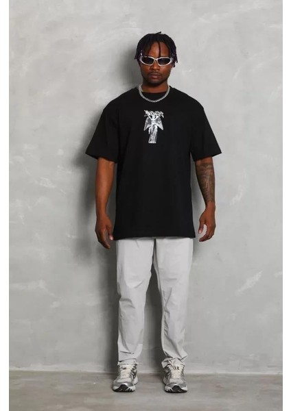 Unisex Oversize Baskılı Bisiklet Yaka T-Shirt - Siyah indirimleri