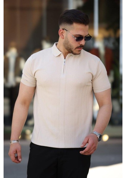 Erkek Yakası Fermuarlı Kısa Kollu T-Shirt