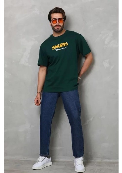 Unisex Basic Bisiklet Yaka Oversize T-Shirt - Yeşil