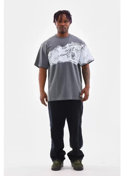 Unisex Bisiklet Yaka Baskılı Oversize T-Shirt - Gri modelleri