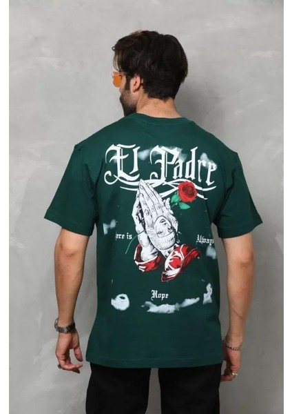 Unisex Bisiklet Yaka Baskılı Oversize T-Shirt - Yeşil indirimleri
