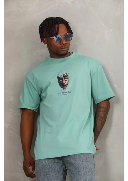 Unisex Oversize Baskılı Bisiklet Yaka T-Shirt - Mint Yeşili