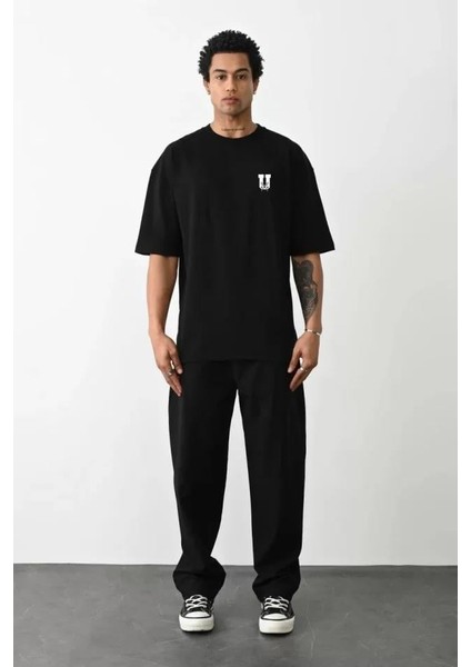 Unisex Bisiklet Yaka Baskılı Oversize T-Shirt - Siyah fiyatları