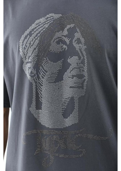 Unisex Oversize Taşlı Bisiklet Yaka T-Shirt - Füme indirimleri