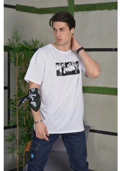 Unisex Bisiklet Yaka Baskılı Oversize T-Shirt - Beyaz modelleri
