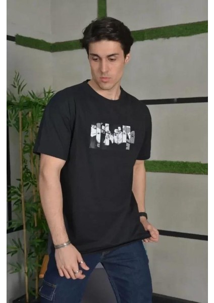 Unisex Bisiklet Yaka Baskılı Oversize T-Shirt - Siyah modelleri