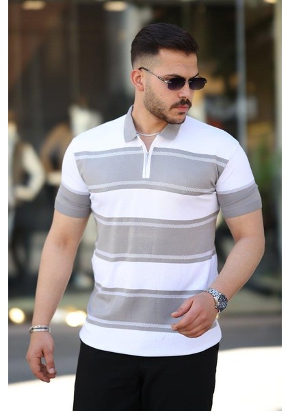 Erkek Yakalı Fermuarlı Çift Renk Kısa Kollu T-Shirt
