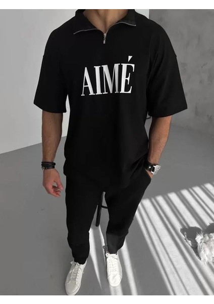 Unisex Yarım Fermuarlı Baskılı T-Shirt - Siyah fiyatları