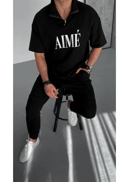Unisex Yarım Fermuarlı Baskılı T-Shirt - Siyah modelleri