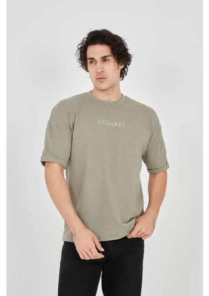 Unisex Jakar Kumaş Rahat Kol T-Shirt - Açık Yeşil indirimleri