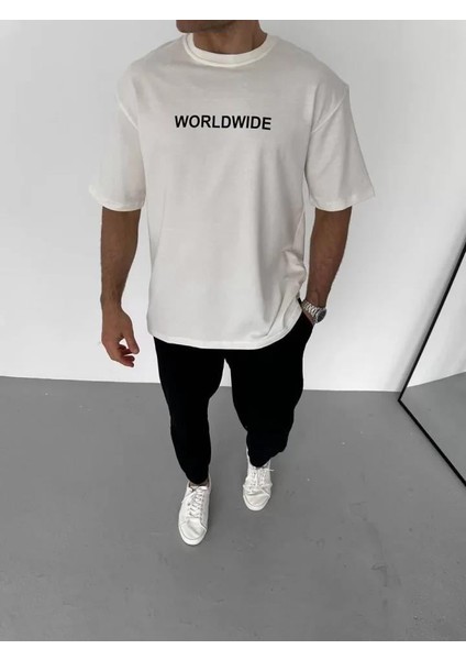 Unisex Bisiklet Yaka Baskılı Oversize T-Shirt - Beyaz fiyatları