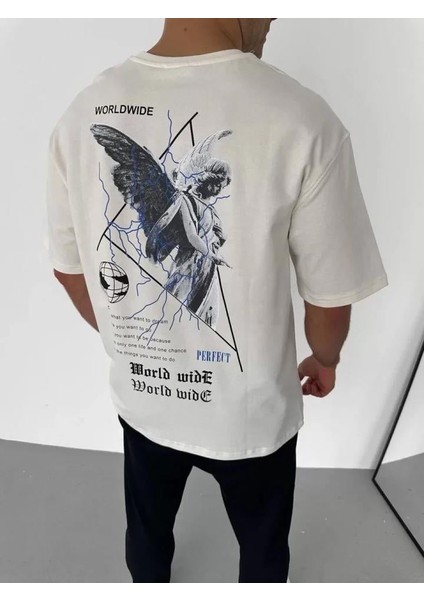 Unisex Bisiklet Yaka Baskılı Oversize T-Shirt - Beyaz fırsatları