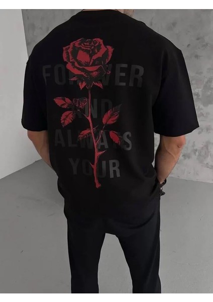 Unisex Bisiklet Yaka Baskılı Oversize T-Shirt - Siyah modelleri