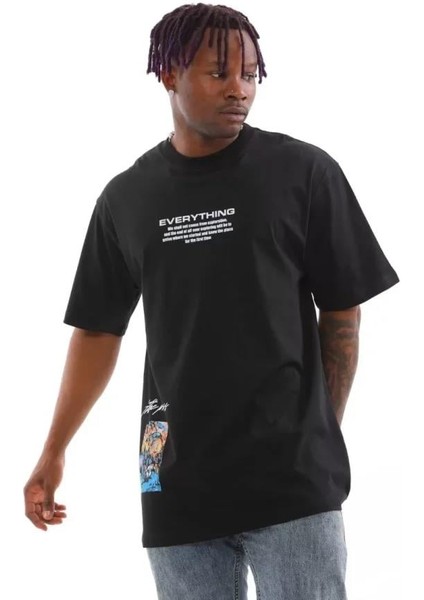 Unisex Bisiklet Yaka Baskılı Oversize T-Shirt - Siyah fırsatları