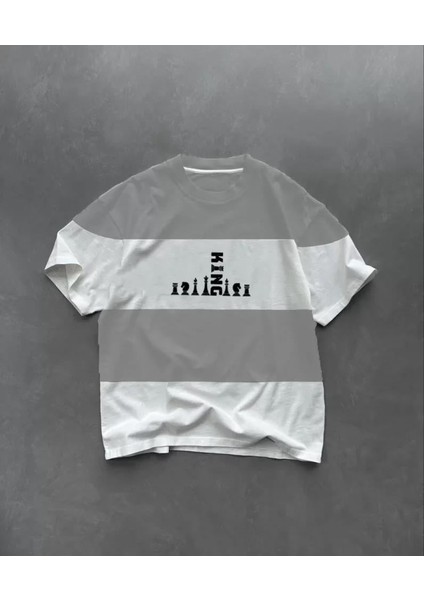 Unisex Bisiklet Yaka Baskılı Parçalı Oversize T-Shirt - Gri fiyatları