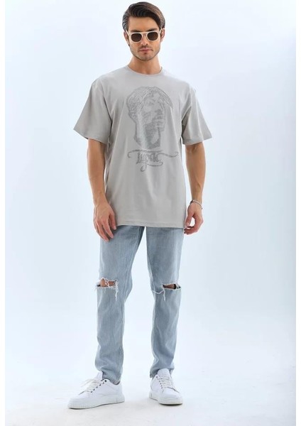 Unisex Oversize Taşlı Bisiklet Yaka T-Shirt - Gri