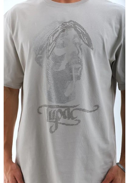 Unisex Oversize Taşlı Bisiklet Yaka T-Shirt - Gri indirimleri