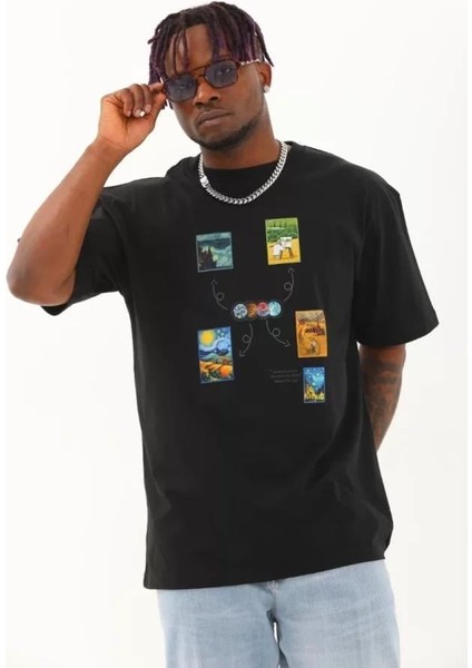 Unisex Oversize Baskılı Bisiklet Yaka T-Shirt - Siyah modelleri