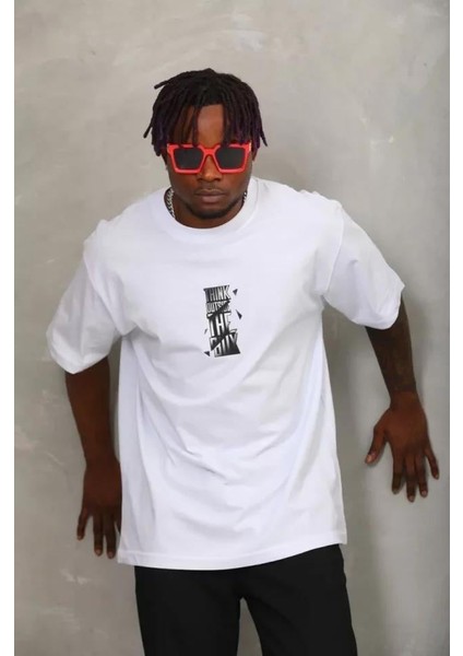 Unisex Oversize Baskılı Bisiklet Yaka T-Shirt - Beyaz indirimleri