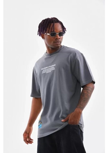 Unisex Bisiklet Yaka Baskılı Oversize T-Shirt - Gri indirimleri