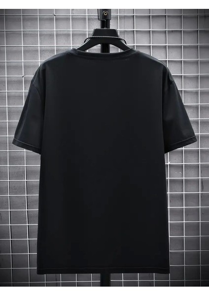 Baskılı Oversize Bisiklet Yaka T-Shirt - Siyah