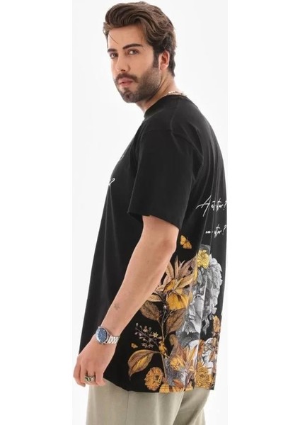 Unisex Bisiklet Yaka Baskılı Oversize T-Shirt - Siyah indirimleri