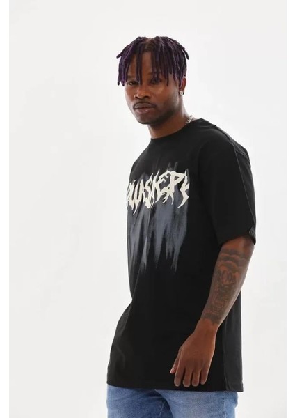Unisex Baskılı Oversize T-Shirt - Siyah indirimleri