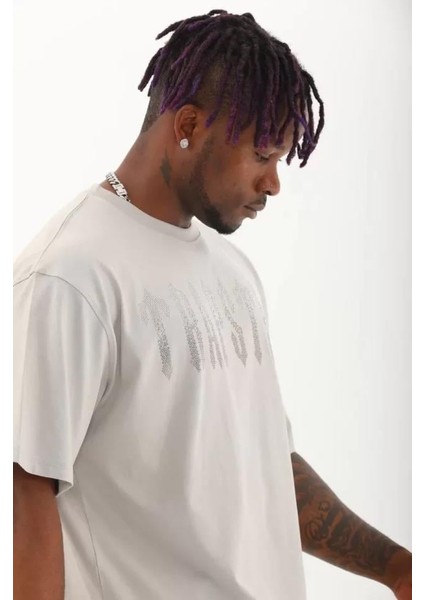 Unisex Oversize Taşlı Bisiklet Yaka T-Shirt - Gri fırsatları