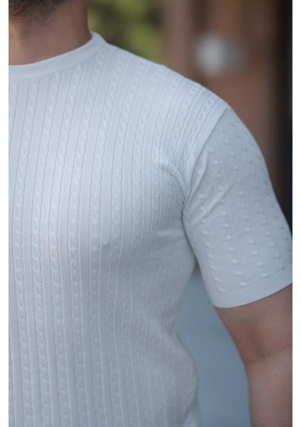 Erkek Bisiklet Yaka Örgü Desenli Kısa Örme Triko Kısa Kollu T-Shirt modelleri