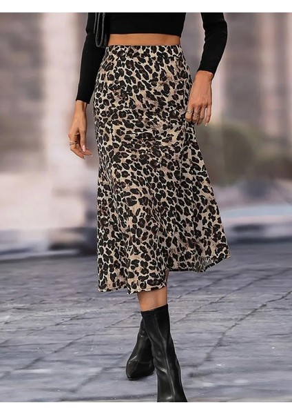 Kadın Yüksek Bel Leopar Desenli Midi Krep Etek modelleri