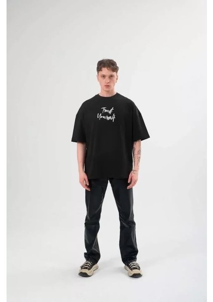 Unisex Bisiklet Yaka Baskılı Oversize T-Shirt - Siyah indirimleri