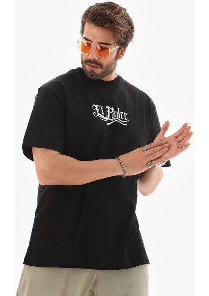 Unisex Bisiklet Yaka Baskılı Oversize T-Shirt - Siyah fırsatları