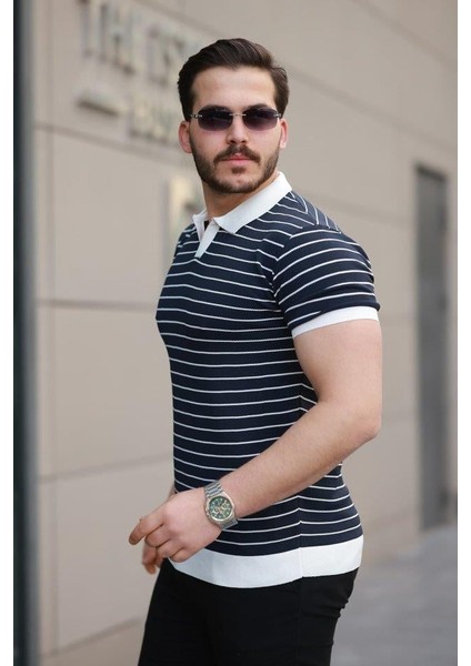 Erkek Kısa Kollu Çizgi Desenli Örme Kumaş Tshirt
