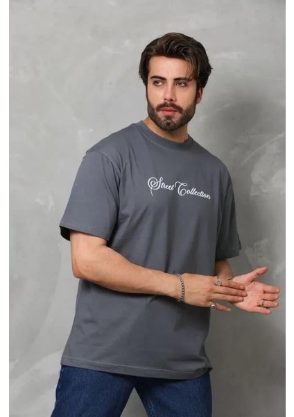 Unisex Bisiklet Yaka Baskılı Oversize T-Shirt - Füme fiyatları