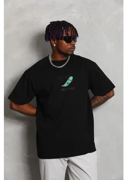 Unisex Oversize Baskılı Bisiklet Yaka T-Shirt - Siyah fiyatları