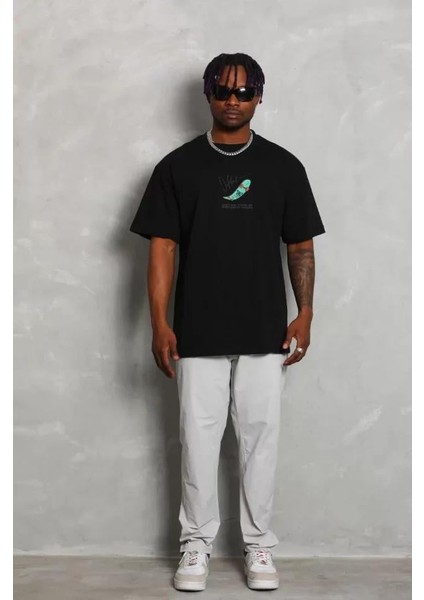 Unisex Oversize Baskılı Bisiklet Yaka T-Shirt - Siyah indirimleri