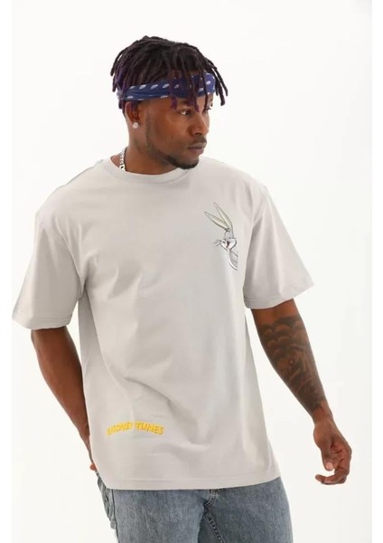 Unisex Oversize Baskılı Bisiklet Yaka T-Shirt - Gri fırsatları