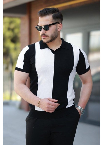 Erkek Kısa Kollu Polo Yakalı Blok Desenli Triko Bluz