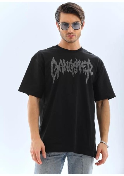 Unisex Oversize Taşlı Bisiklet Yaka T-Shirt - Siyah fiyatları