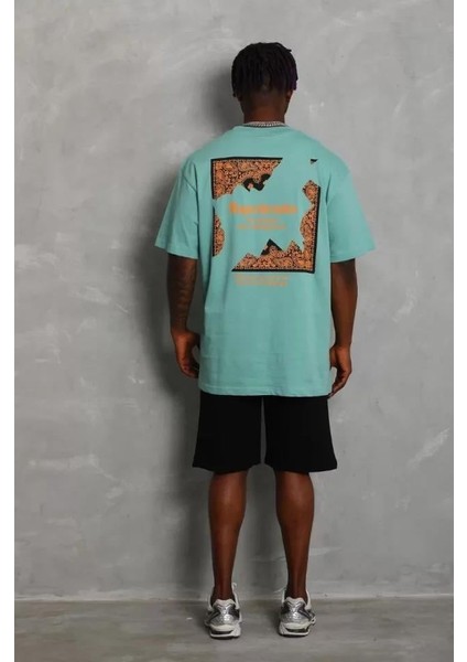 Unisex Oversize Baskılı Bisiklet Yaka T-Shirt - Mint Yeşili