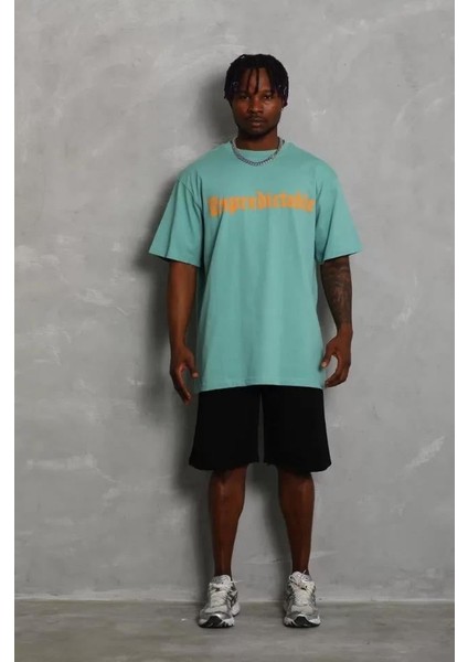 Unisex Oversize Baskılı Bisiklet Yaka T-Shirt - Mint Yeşili indirimleri
