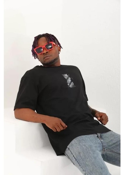 Unisex Oversize Baskılı Bisiklet Yaka T-Shirt - Siyah indirimleri